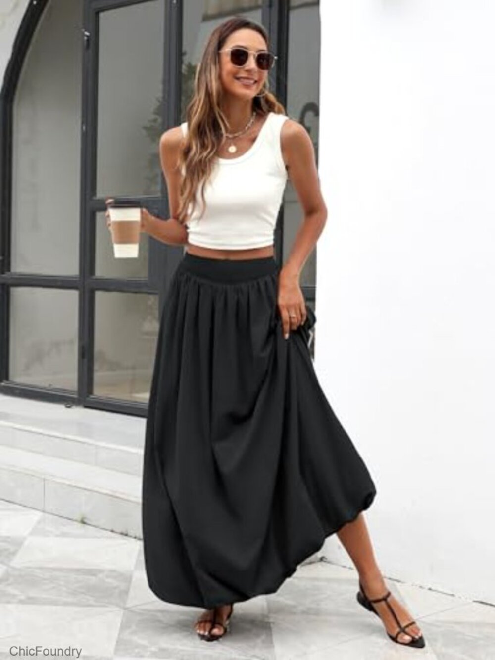 Maxi Skirt with Pockets, Elastic Waist, A-Line Bubble Hem, Polyester Blend - Picture 5 of 7